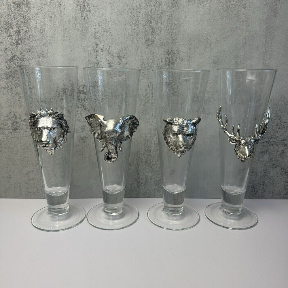 Vintage Arthur Court Large Pilsner Glasses Bear, Elephant, Elk Deer Set Of 4